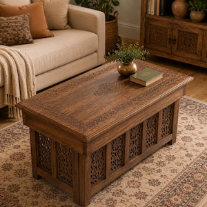 Handmade Wooden Coffee Table, Foldable Rustic Center Table, Burnt Antique Finish Storage