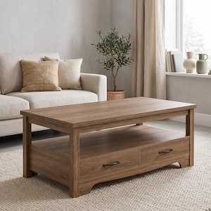 Farmhouse Walnut Coffee Table with Drawers, 47" inch Rectangular ,Rustic Living Room Storage Table