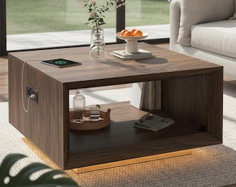 Mid Century Modern Walnut Coffee Table, LED Light, 2 tier storage