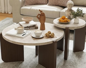 Modern Faux Marble Coffee Table Set, Walnut Cream White Minimalist Accent Tables
