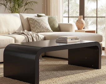 Black Waterfall Coffee Table, Modern Minimalist Wood Coffee Table, Rectangular Living Room Center Table with Rounded Edges