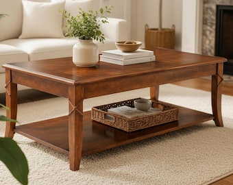 Solid Wood Coffee Table with Storage Shelf, Mid Century Modern Rectangle Center Table, Cherry Walnut Living Room Table