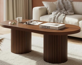 Oval Fluted Coffee Table, Farmhouse Mid-Century Modern Living Room Accent Table