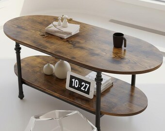 Mid-Century Modern Oval Coffee Table, 2-Tier Rustic Wood & Metal