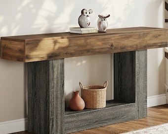 Farmhouse Console Table, 63 Inch Entryway Table, Rustic Storage Shelf, U-Shaped Base