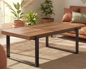Modern Walnut Wood Coffee Table, Industrial Metal Frame, 47 Inch Rectangle Center Table