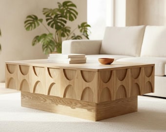 OAK Solid Wood Coffee Table with Sliding Top Storage, Mid Century Modern Coffee Table, Natural Rectangle Center Table