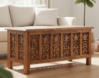 Hand Carved Solid Wood Coffee Table, Vintage Burnt Finish Rustic Living Room Center Table