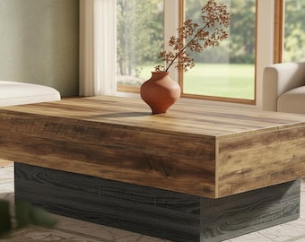 Farmhouse Coffee Table 55 Inch, Rustic Wood Center Table, Vintage Living Room Furniture