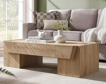 Modern Wood Coffee Table with Drawer, 47 Inch Living Room Center Table