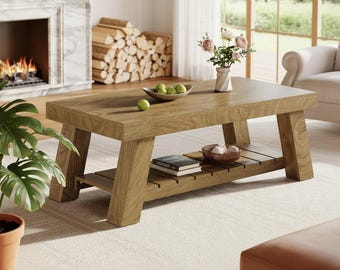 Farmhouse Coffee Table with Storage Shelves, Rustic Wood Center Table