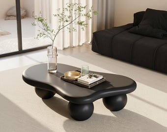 Irregular Cloud Coffee Table, Asymmetrical Cream Black Center Table, 3 Ball Legs