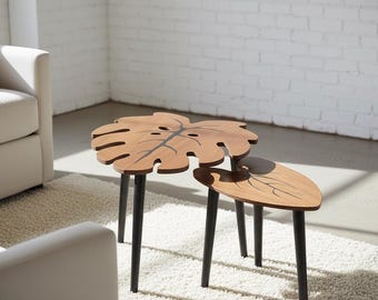 Leaf Nesting Tables Set of 2, Modern Wooden Side Tables with Leaf Vein Pattern, Small Coffee Tables for Living Room