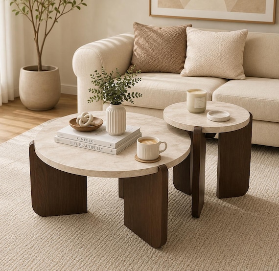 Modern Faux Marble &  Wood Coffee Table Set, Walnut Cream White Minimalist Accent Tables