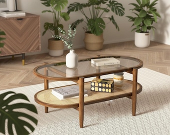 Rattan Coffee Table with Glass Top, Oval Acacia Wood Coffee Table, Boho 2 Tier Center Table with Storage Shelf