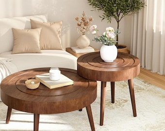 Round Nesting Coffee Tables, Modern Wood Living Room Set, Stackable Side Tables