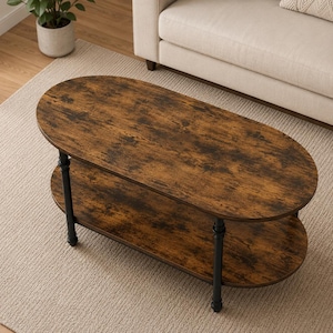 May include: An oval coffee table featuring two tiers with a dark brown wood grain finish and a black metal frame. The table has four vertical black metal legs connecting the top surface to the lower shelf, providing a stable structure.
