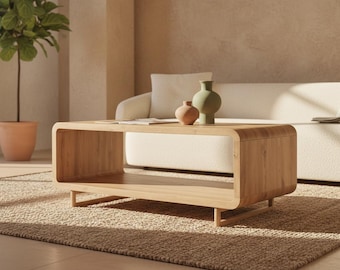 Modern Oak Coffee Table with Shelf, Curved Minimalist Living Room Center Table