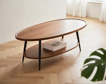Oval Mid-Century Modern Engineered Wood Espresso Coffee Table with Shelf