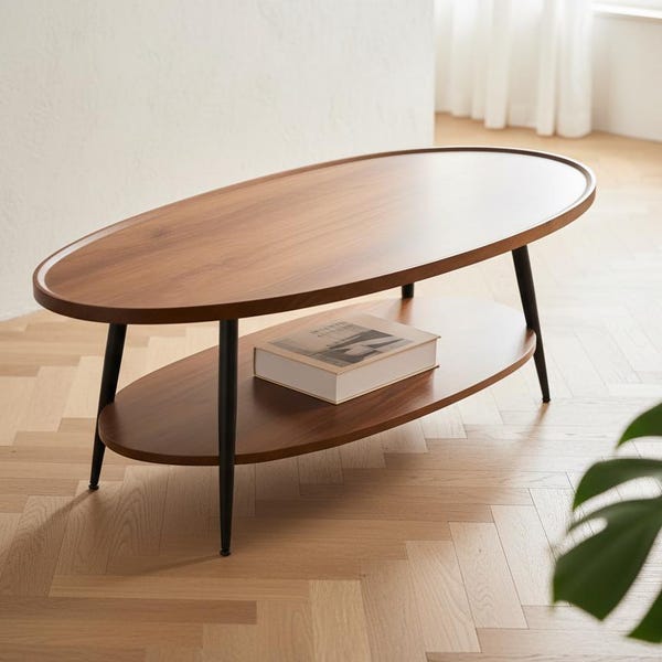 Table basse ovale moderne Mid-Century en bois d'ingénierie expresso avec étagère