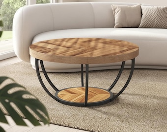Round Coffee Table 32 Inch, 2 Tier Circle Coffee Table with Storage Shelf, Industrial Wood Accent Table for Living Room