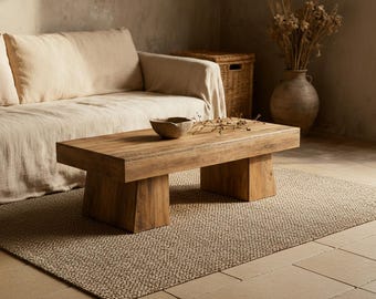 Low Coffee Table, Minimalist Zen Style, Natural Wood Grain
