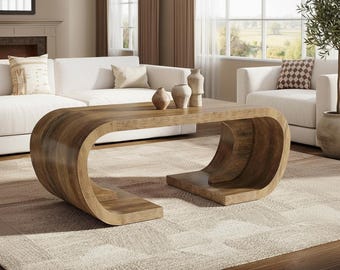 Curved Wood Coffee Table, Farmhouse Organic Living Room Table