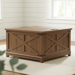 May include: A wooden storage chest with a rustic design. The chest is rectangular with a hinged lid and features decorative metal hardware. The front panels have an X-shaped design. The chest is brown and sits on a light-colored rug.