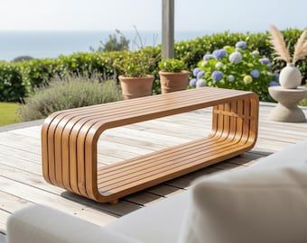 Outdoor Acacia Wood Coffee Table, Teak Patio Center Table with Storage Shelf, Rectangular Balcony & Backyard Sofa Table