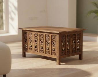 Hand Carved Solid Wood Coffee Table, Antique Brown Rustic Center Table, Foldable Legs