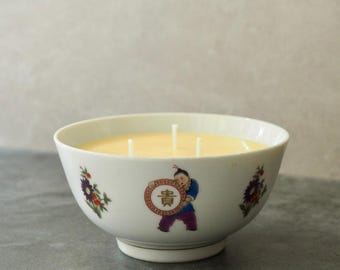 Vela de porcelana china con deseos auspiciosos / Vela vintage, vela de cera de abejas, mezcla de cera de abejas, regalo de vela asiática