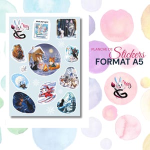 May include: A sheet of A5 format stickers with winter-themed illustrations. Designs include a bunny with a paintbrush, a bear on skis, and various forest animals. The stickers have a light blue background with watercolour accents.