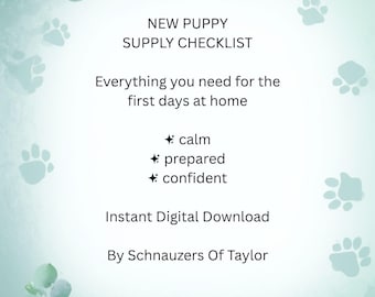 Può includere: Un download digitale con sfondo verde acqua e bianco, con impronte di zampe e testo. Il testo recita "NEW PUPPY SUPPLY CHECKLIST" ed elenca gli elementi necessari per i primi giorni a casa.