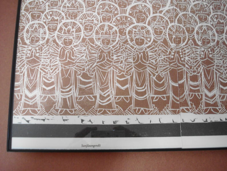 Decorative Print OOAK Thousand Buddhas Japanese Color Woodcut Framed 17 x 11