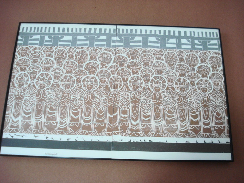 Decorative Print OOAK Thousand Buddhas Japanese Color Woodcut Framed 17 x 11