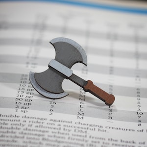 May include: A miniature wooden axe with a brown handle and grey and silver painted blades. The axe is lying on a page of a book with a grid pattern.