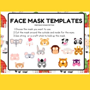 Peut inclure: Un fichier PDF imprimable avec des modèles de masques. L'image comprend des instructions et divers modèles de masques d'animaux, tels qu'un éléphant, un tigre et un panda. Les masques sont conçus pour être découpés et portés.
