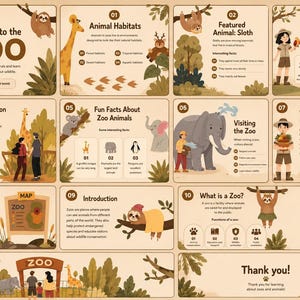 May include: A beige educational presentation template titled Welcome to the ZOO, featuring eleven numbered slides with illustrations of sloths, giraffes, elephants, and zoo staff. The layout includes text sections on animal habitats, conservation, and fun facts.
