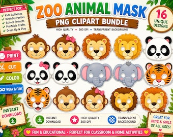 Druckbare Tiergesichtsmasken-Vorlagen, Zoo-Dschungelmasken, Bastelaktivität für Kinder (digitaler Download)