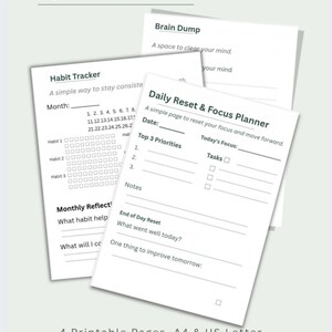 Könnte beinhalten: Ein Satz druckbarer Planerseiten mit dem Titel "Daily Reset & Focus Planner". Die Seiten enthalten Abschnitte für die Gewohnheitsverfolgung, die wichtigsten Prioritäten und den täglichen Fokus. Der Text "4 Printable Pages. A4 & US Letter Instant Download" ist ebenfalls sichtbar.