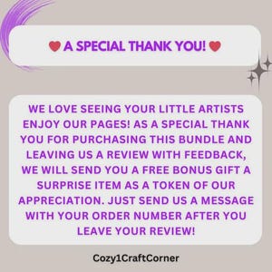 May include: A graphic with the text "A SPECIAL THANK YOU!" and a message thanking customers for their purchase and review. The message promises a free bonus gift. The shop name "Cozy1CraftCorner" is at the bottom.