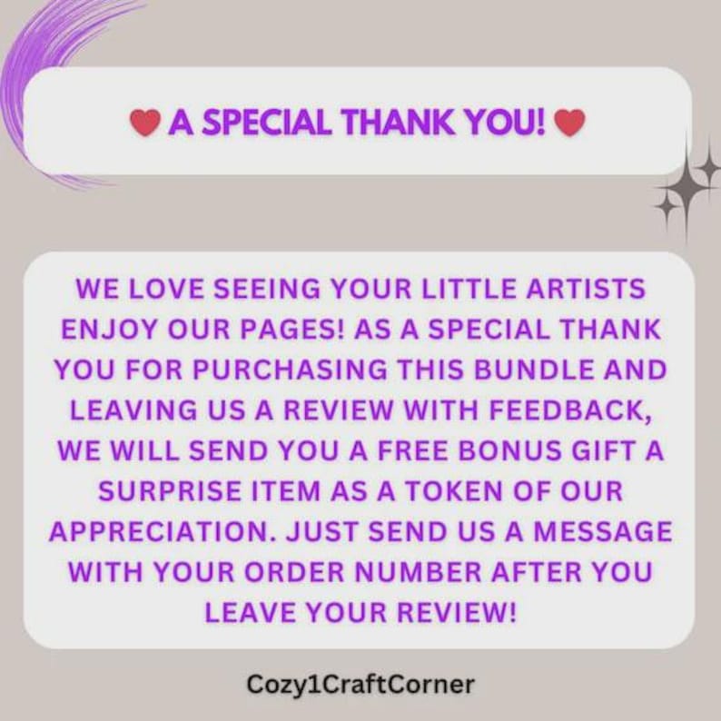 May include: A graphic with the text "A SPECIAL THANK YOU!" and a message thanking customers for their purchase and review. The message promises a free bonus gift. The shop name "Cozy1CraftCorner" is at the bottom.