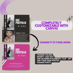 May include: A digital UGC portfolio template in black and pink, featuring photos and text sections labeled "UGC Portfolio," "About Me," and "My Messages." Text states "Completely Customizable with Canva!" and "Change it to your liking."