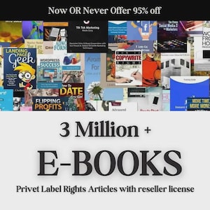 Peut inclure: Une image promotionnelle avec le texte "Now OR Never Offer 95% off." L'image présente un collage de couvertures de livres et le texte "3 Million + E-BOOKS." En dessous, on peut lire "Privet Label Rights Articles with reseller license."