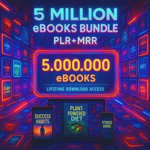 Peut inclure: Visuel numérique promotionnel pour un ensemble de livres électroniques. L'image affiche le texte "5 MILLION eBooks BUNDLE PLR+MRR" et "5.000.000 eBooks LIFETIME DOWNLOAD ACCESS". Des smartphones et un ordinateur portable présentent des couvertures de livres.
