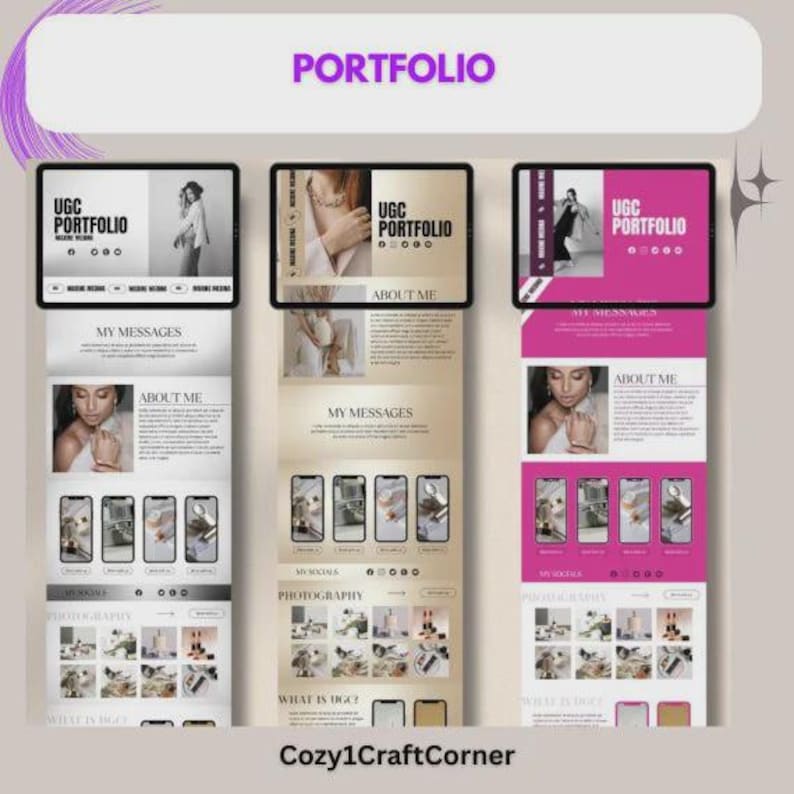 May include: Three tablets displaying a portfolio website with the word "PORTFOLIO" at the top. The website showcases photography and UGC content. The website includes the text "ABOUT ME" and "MY MESSAGES". The bottom of the image has the text "Cozy1CraftCorner".