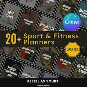 Peut inclure: Une collection de planificateurs numériques pour le sport et le fitness, comprenant le yoga, la perte de poids et la nutrition. L'image présente un arrière-plan sombre avec des couvertures de planificateurs, le texte "20+ Sport & Fitness Planners" et le logo Canva.