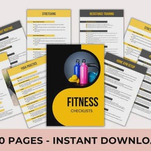 Peut inclure: Ensemble de listes de contrôle de fitness avec une couverture noire et jaune montrant des bouteilles d'eau et un kettlebell. La couverture est entourée de pages avec des titres tels que "Routine d'entraînement" et "Étirements". Le texte "30 PAGES - INSTANT DOWNLOAD" est en bas.