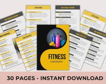 Lista de verificación de fitness imprimible con PLR, planificador de entrenamiento, rastreador de gimnasio, plantilla de Canva de salud y bienestar + PDF