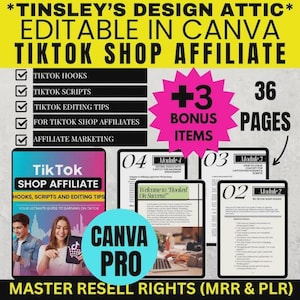 Peut inclure: Un produit numérique avec le texte "Tinsley's Design Attic" et "TikTok Shop Affiliate". L'image comprend une liste de contrôle des sujets, une étoile rose avec "+3 Bonus Items" et un cercle bleu avec "Canva Pro". Le produit compte 36 pages.